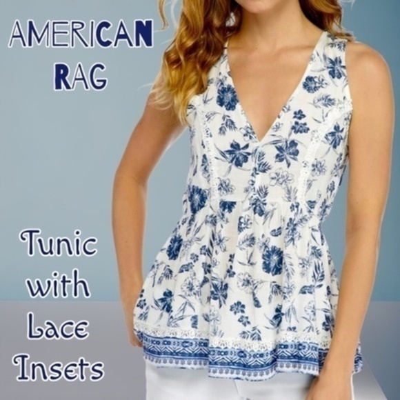 American Rag Tops - AMERICAN RAG V-neck Sleeveless Tunic w/Back Tie & Lace Insets NWT/XL